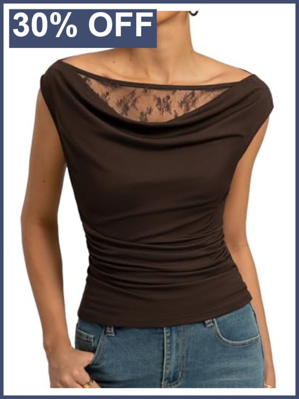 Cowl Neck Slim Fit Lace Trim Top Y2K Going Out Shirt